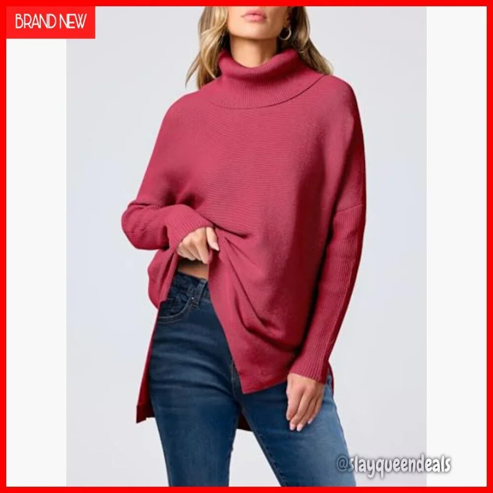Oversized Turtleneck Batwing Sleeve Split Hem Knit Pullover Sweater Top